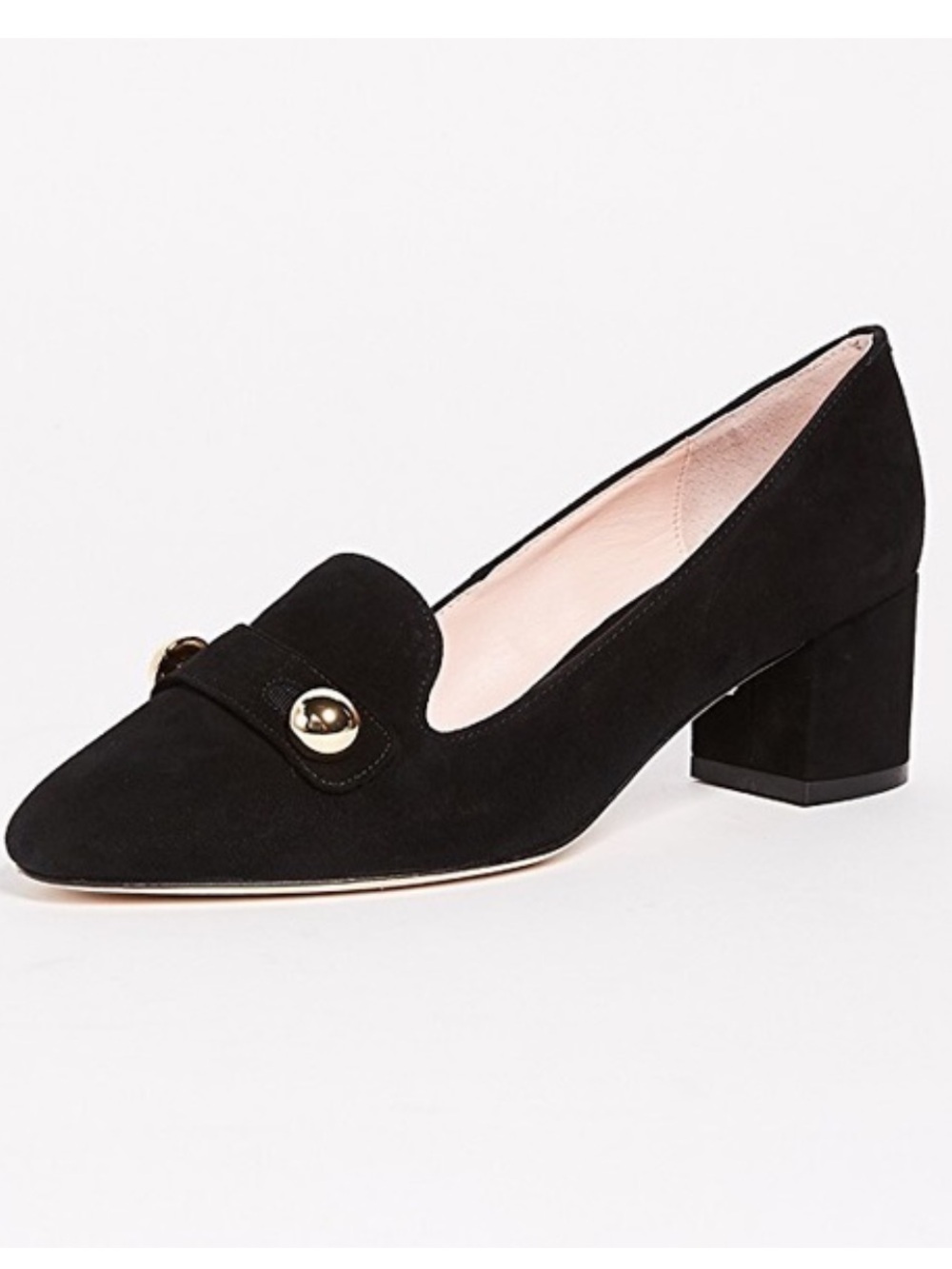 kate spade Black Suede Pointed Toe Loafers with Gold Buttons